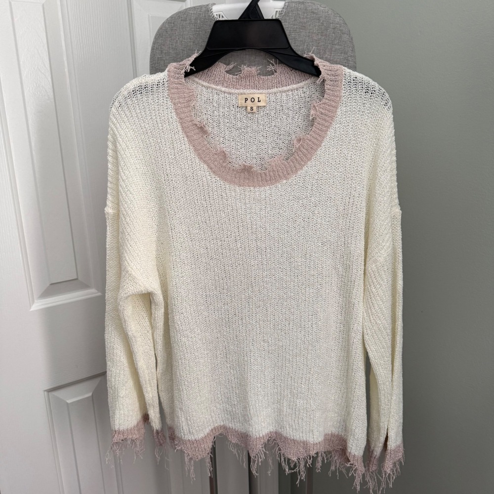 POL Distressed Shredded Knit Sweater S Ivory Taupe Oversized Grunge Pullover